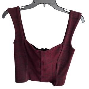 ONA by Yoon Chung NEW Madison Burgundy Plaid Bustier Zip-Back Crop Top Small